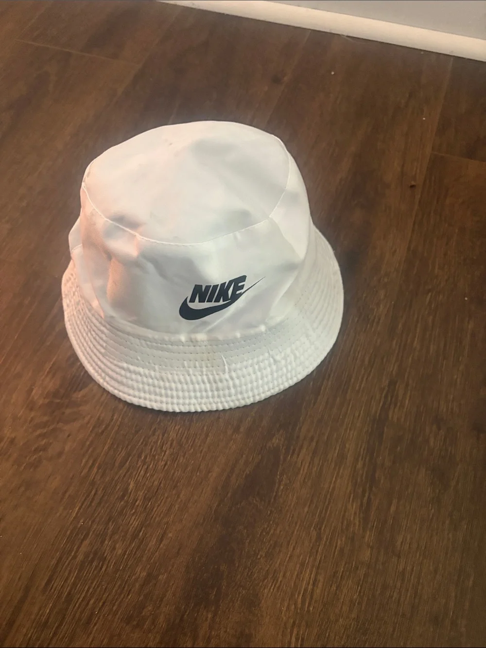 Nike White Kids Bucket Hat with Black Swoosh